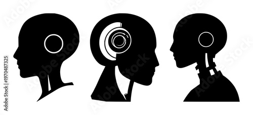 Machine learning robot head set with solid black icon on white background featuring machine learning, artificial intelligence, robotics with silhouette and profile
