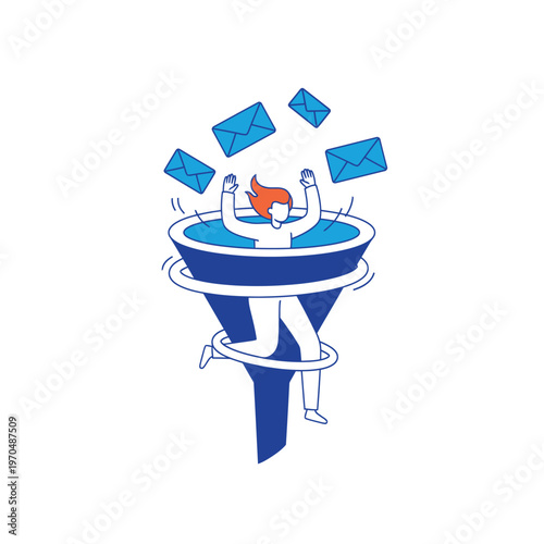 Person drowning in a sales funnel with emails flying around.