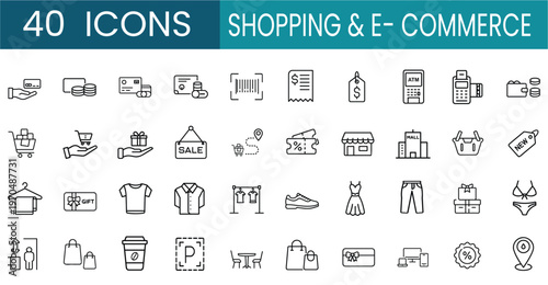 Shopping and banking web line icons set featuring credit card, shopping cart, barcode scan, ATM machine, sale tag, dress fashion, and more Vector Illustration with editable stroke.