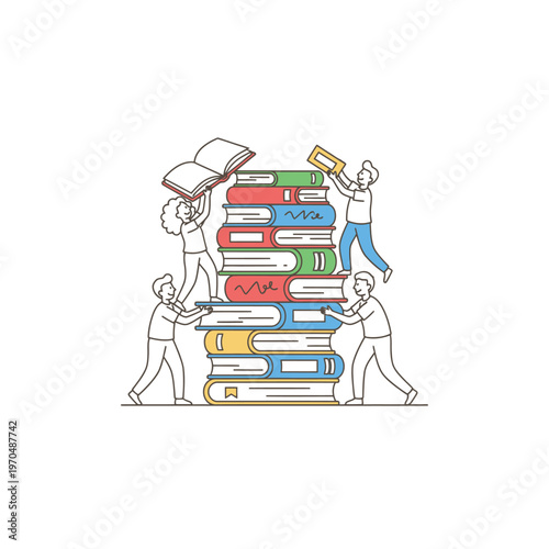 People Building A Tall Stack Of Books Together.