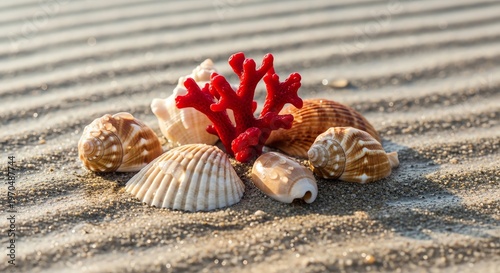 Beach Treasures Seashells and Coral on Rippled Sand