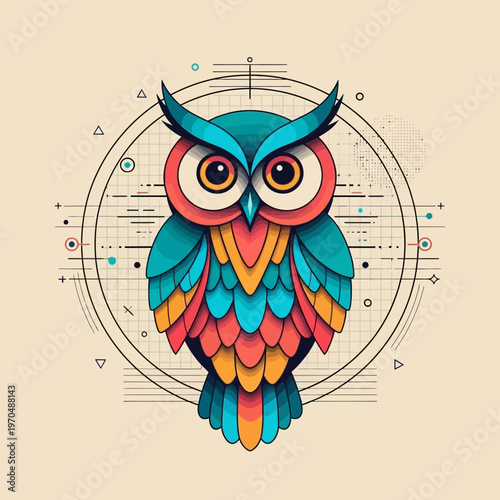 Vibrant Colorful Owl Illustration with Detailed Feathers and Expressive Eyes.