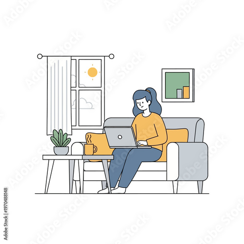 Young woman working on laptop from home on a comfortable sofa.