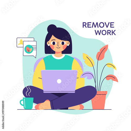 Young woman working remotely on laptop from home.