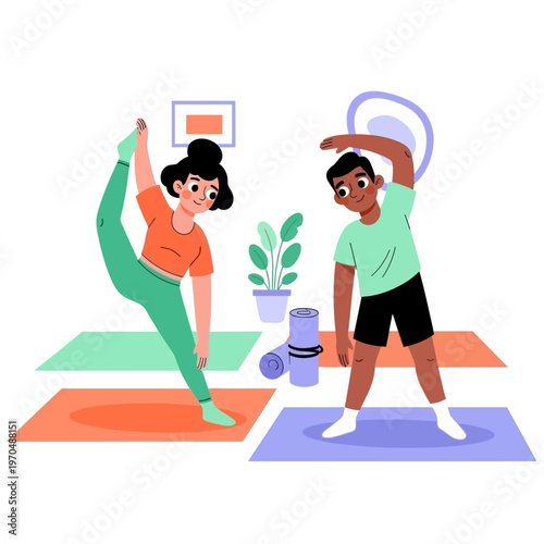 Young man and woman stretching together on yoga mats, practicing flexibility and balance.