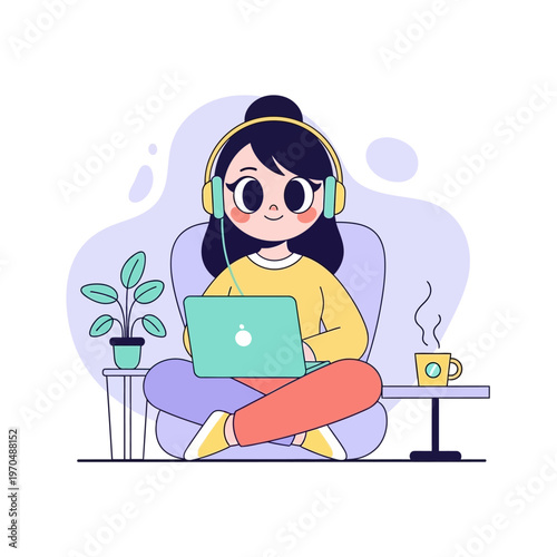 Young woman working remotely from home with laptop and headphones.