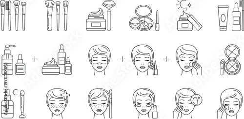 Skincare routine and cosmetic application line icon set featuring beauty products face care steps brushes and treatment process