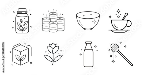 Morning breakfast and tea line icons set featuring tea jar honey dipper milk bottle tea cup and bowl more vector illustration with editable stroke.