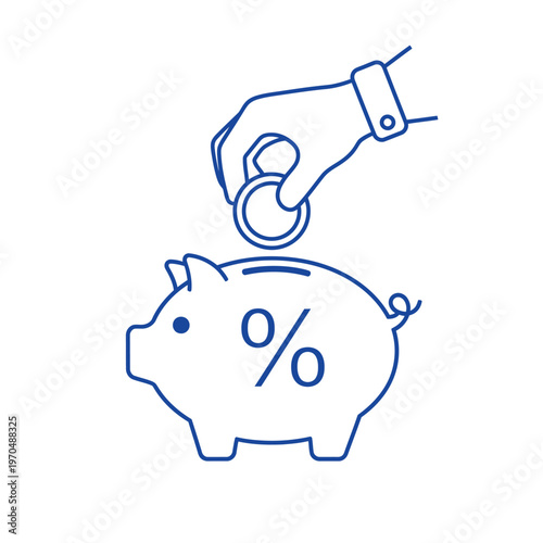 Piggy bank with percentage symbol and hand inserting coin.