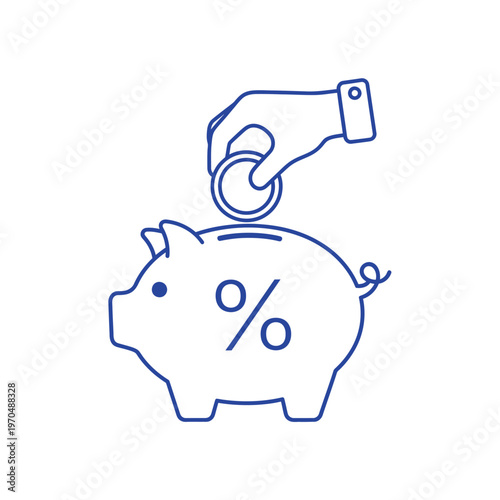 Piggy Bank with Percentage Symbol and Hand Inserting Coin.