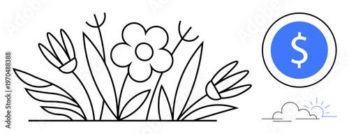 Financial growth, investment, savings, eco-economy, sustainability, wealth success. Flowers and leaves with a dollar symbol in a circle. Financial growth and eco-economy visualization