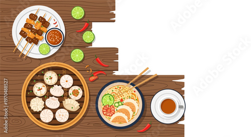 Flat Vector Illustration of Asian Food Table with Dim Sum, Ramen, Gyoza, and Yakitori Skewers