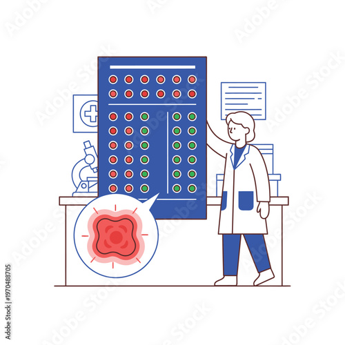 Scientist examining cell culture plate with microscopic view.