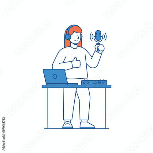 Podcaster Recording Audio with Microphone and Laptop.