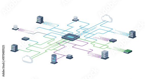 A comprehensive isometric network map illustrates multiple server racks and cloud storage units linked to a central processing hub via vibrant data pathways.