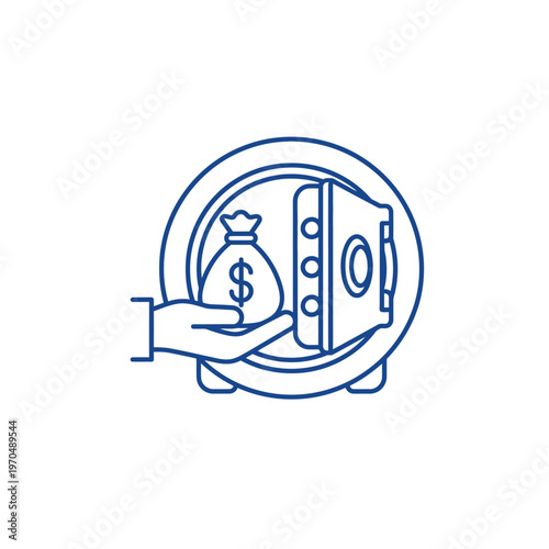 Secure Money Bag Inside Open Safe with Hand Icon.