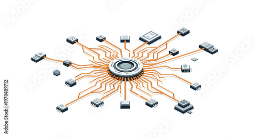 A detailed isometric illustration shows a central circular processing hub connected to various peripheral microchips by a network of orange copper traces.