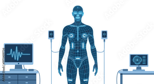 A luminous blue wireframe human model stands between two high-tech medical monitors displaying vital signs and scanning data in a pristine digital lab.