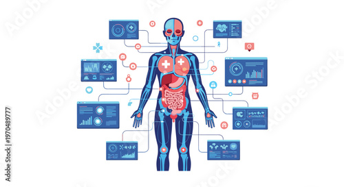 A meticulous medical infographic displays a translucent human figure with detailed internal organs surrounded by floating blue data panels and icons.