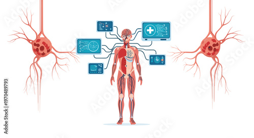 A complex biological illustration showcases a human body connected to massive branching red neurons through a series of thin black electronic data cables.