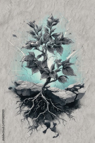 Glowing Botanical Tree Roots on Textured Concrete Background