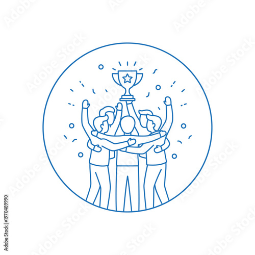 Team celebrating victory holding trophy together in circle.