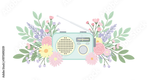 A charming pale blue vintage radio sits nestled among a beautiful bouquet of soft pink roses and yellow daisies with many delicate green leaves.