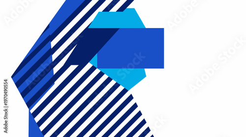 Abstract geometric blue shapes with diagonal stripes and bold patterns on white background.