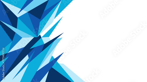 Abstract blue geometric triangles forming a dynamic composition on white background.