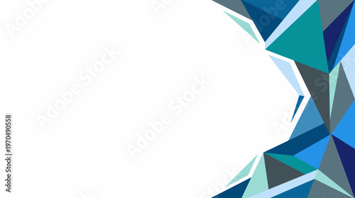 Abstract geometric composition featuring blue and white triangles and polygonal facets in a modern mosaic background.