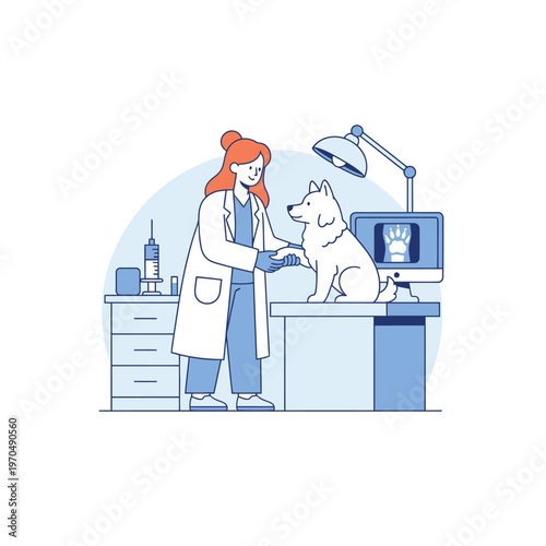 Veterinarian examining a dog on examination table with X-ray on screen.