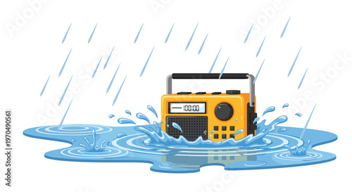 A classic yellow portable radio rests in a rippling blue puddle as heavy rain falls creating energetic splashes against a pristine white background setting.