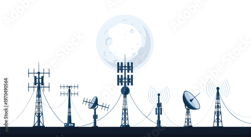 Various dark blue silhouettes of telecommunication towers and satellite dishes stand prominently in a row under a massive glowing moon on a white background.