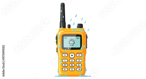 A robust yellow handheld walkie-talkie stands vertically while covered in glistening water droplets against a clean white background under bright studio light.