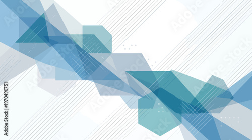 Abstract blue geometric shapes with overlapping translucent polygons and diagonal patterns.