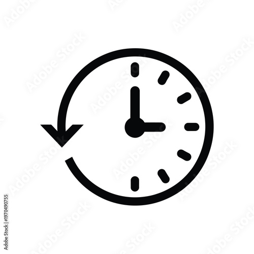 Simple black and white illustration of a clock with a circular arrow