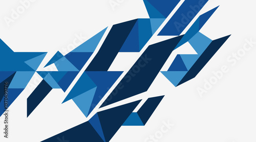 Geometric blue abstract composition of polygons and triangles with angular facets and mosaic elements.