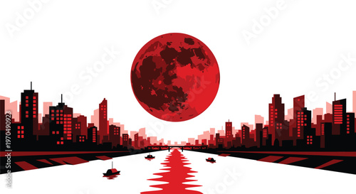 A massive textured crimson moon looms over a dense urban cityscape while small boats navigate a central river reflecting the intense red light and shadows.