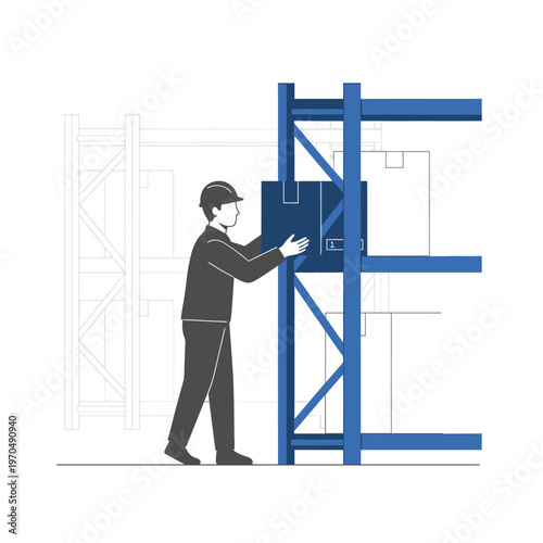 Warehouse worker placing box on industrial shelving unit.