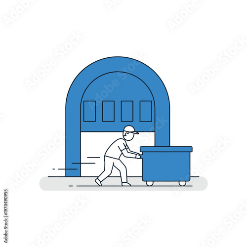 Warehouse worker pushing a cart into a large building.