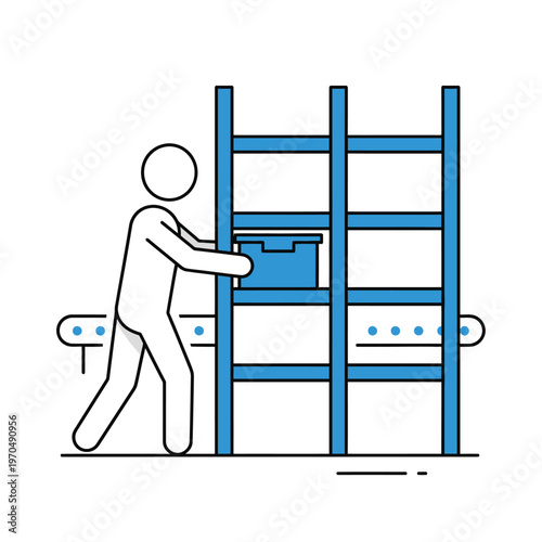 Warehouse worker placing box on shelf conveyor belt.