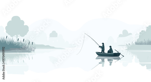 Two fishermen in a small rowing boat cast their lines into a serene and misty monochromatic lake surrounded by tall reeds and soft tree silhouettes.