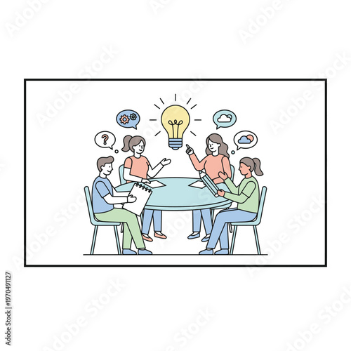 Team brainstorming session with a bright idea lightbulb above.