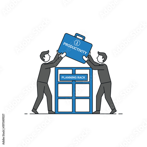 Two businessmen lifting a briefcase labeled productivity onto a planning rack.