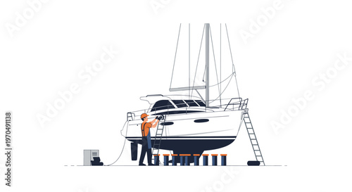 Professional maintenance worker in an orange shirt uses a power polisher to buff the pristine white hull of a large yacht in a shipyard setting.