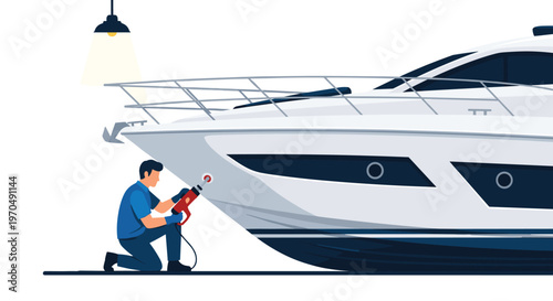 Focused technician kneels to use a red power buffer on the sleek bow of a luxury white yacht illuminated by a single overhead hanging spotlight.