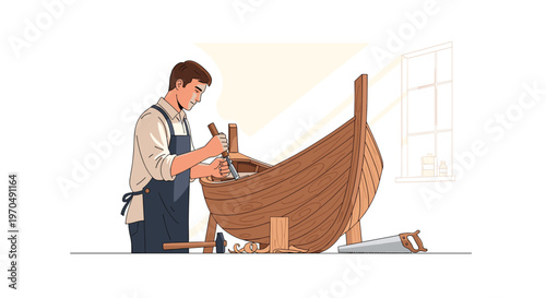 Dedicated artisan in a dark apron meticulously carves a large wooden boat hull with a chisel in a sunlit workshop featuring a bright window pane.