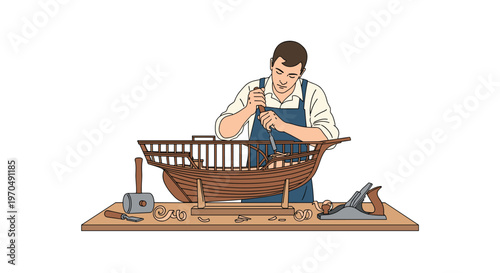 Meticulous male craftsman in a blue apron uses a sharp chisel to carve a detailed wooden ship model on a workbench filled with traditional tools.