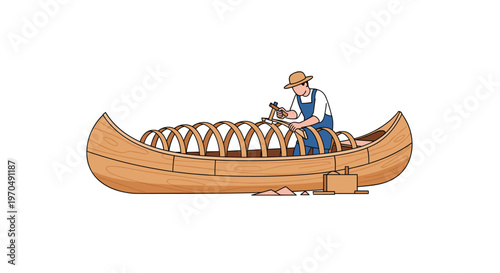 Skilled carpenter wearing a straw hat and blue overalls carefully constructs the curved wooden ribs of a large canoe frame on a white background.