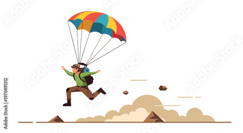 A brave skydiver wearing a green jacket and brown pants descends rapidly with a colorful striped parachute toward a rocky desert landscape with dust clouds.